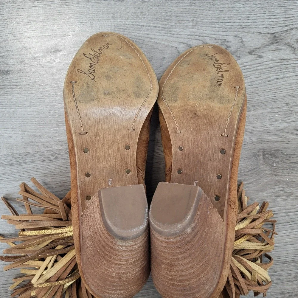 Sam‎ Edelman Tan Suede Gold Fringe Ankle Boots Western Brown Boho Womens 8